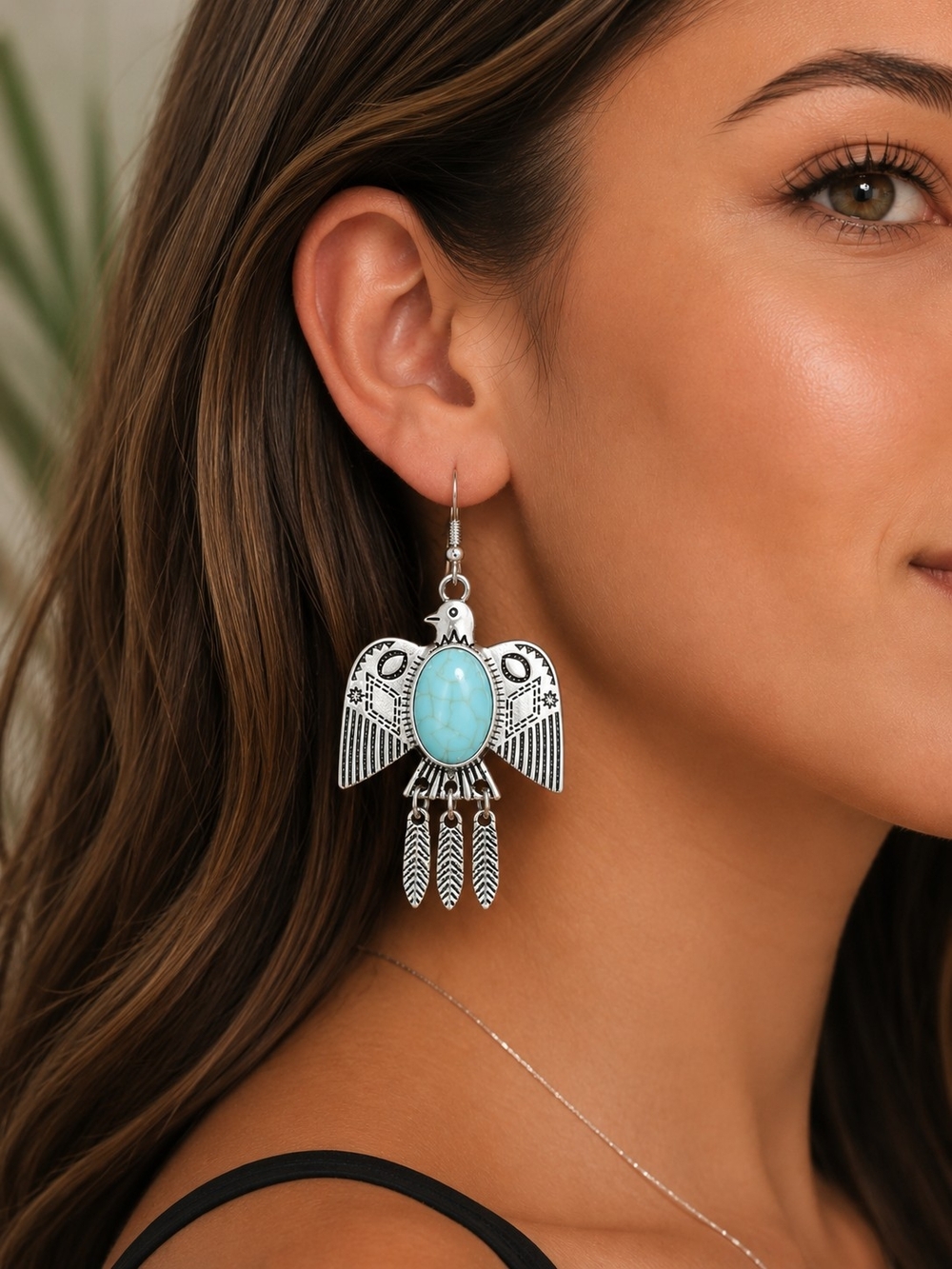 Silver Thunderbird Drop Earrings with Turquoise Stone New